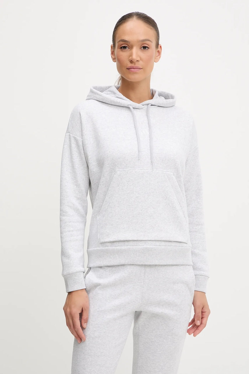 Pulover adidas Essentials Small Logo Feel Cozy Hoodie ženski, siva barva, s kapuco, JN1853