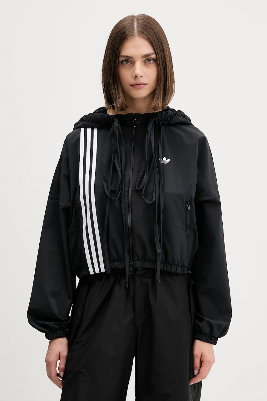 Dukserica adidas Originals Ribbon Off Placed 3 Stripes Tracktop za žene, boja: crna, s kapuljačom, s aplikacijom, JX2698