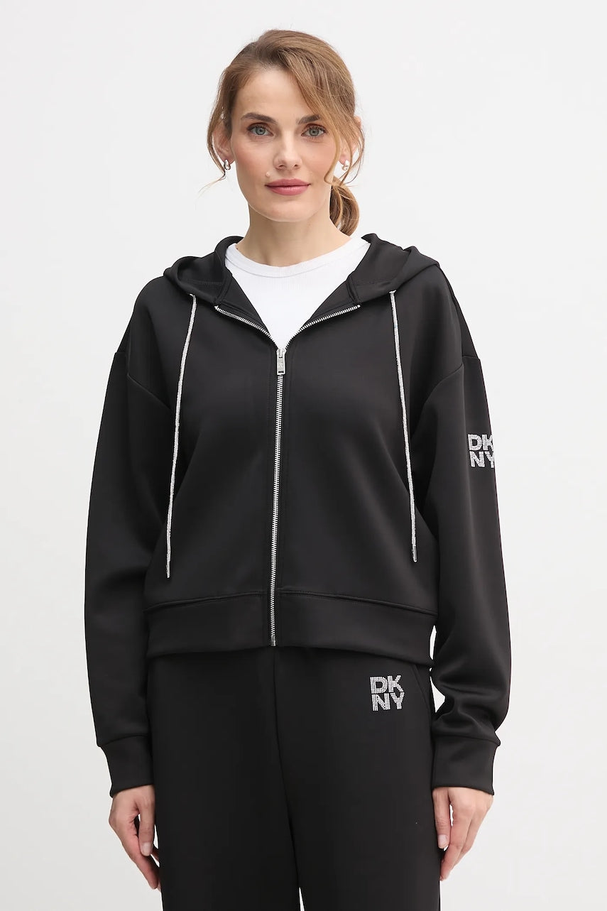 Dukserica Dkny KNIT JACKET za žene, boja: crna, s kapuljačom, bez uzorka, P5ME7CNY