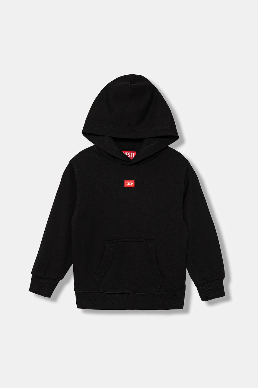 Otroški bombažen pulover Diesel SXGINHOOD OVER SWEAT-SHIRT črna barva, s kapuco, J02502