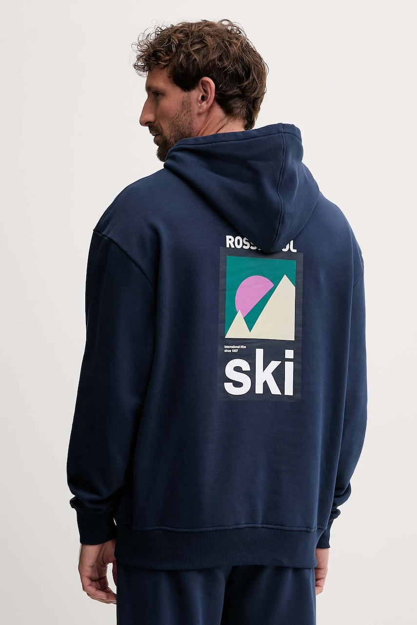 Bombažen pulover Rossignol WATERFALL RELAX moški, mornarsko modra barva, s kapuco, RLOMS02