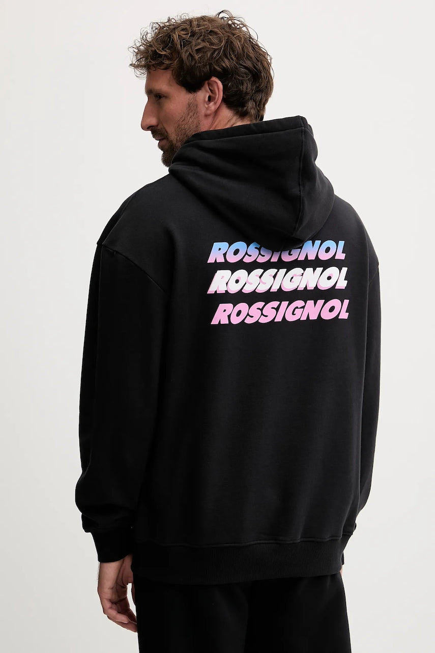 Bombažen pulover Rossignol WATERFALL RELAX moški, črna barva, s kapuco, RLOMS02