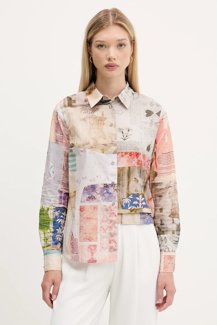 Pamučna košulja Desigual PHOTOPOST za žene, boja: bež, regular, s klasičnim ovratnikom, 25WWCW18