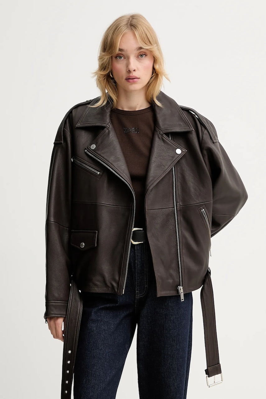 Usnjena biker jakna Gestuz rjava barva, 10910820