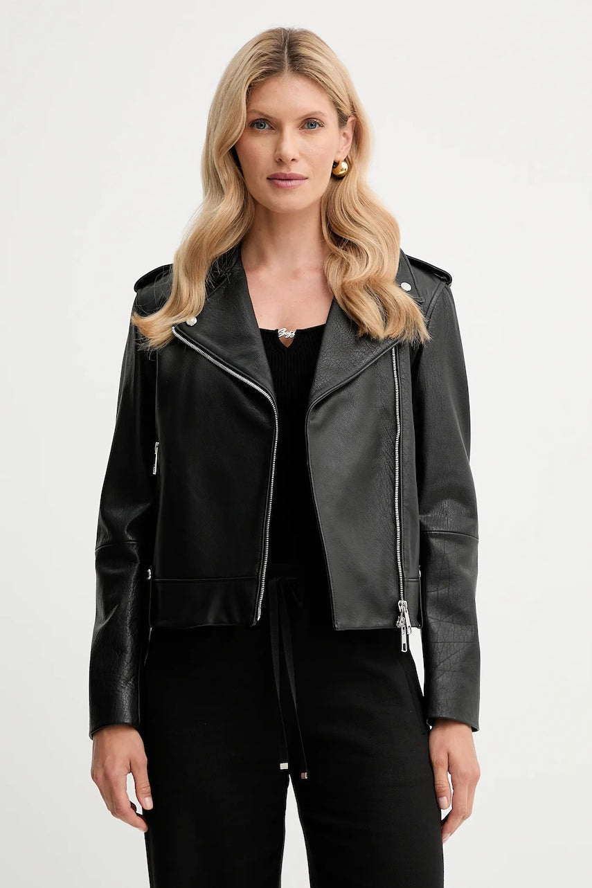 Usnjena biker jakna BOSS Orange črna barva, 50541769