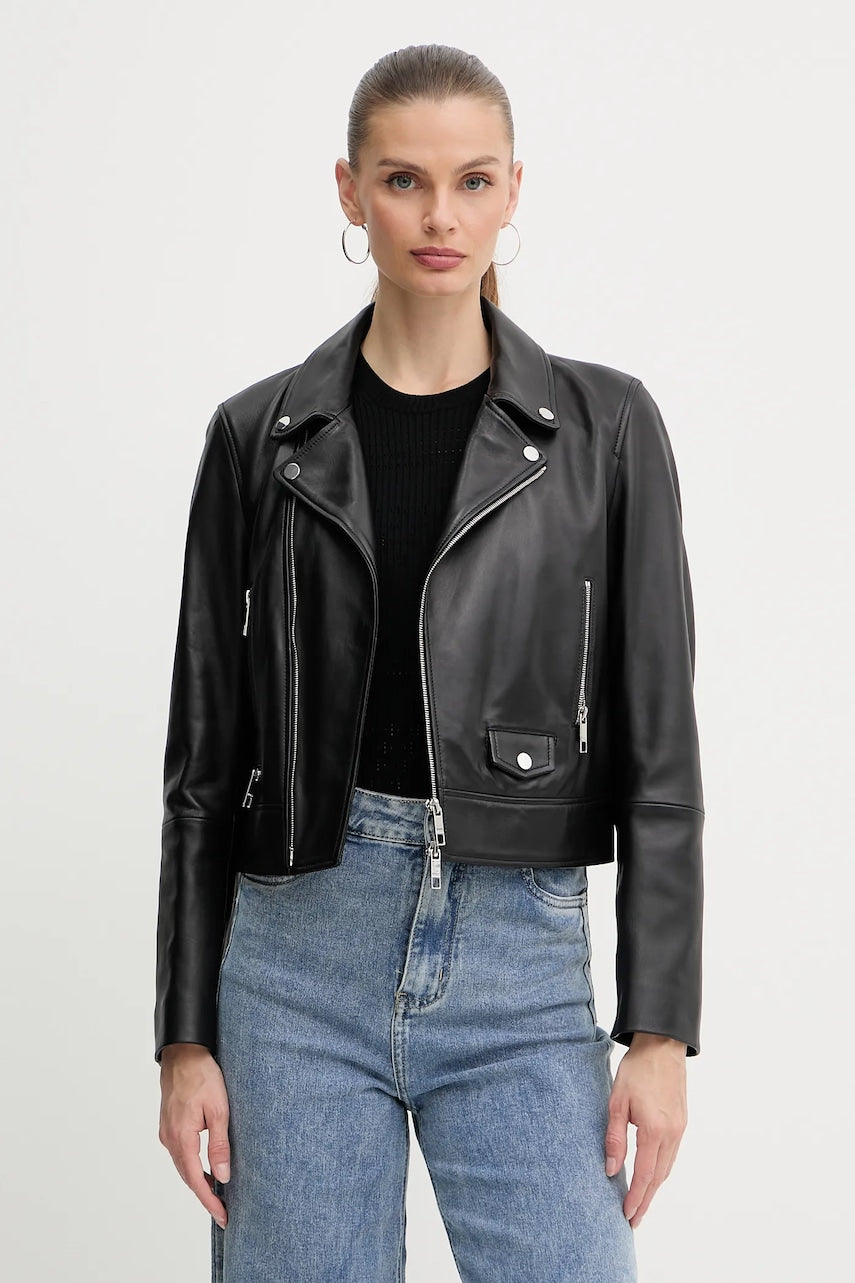 Usnjena biker jakna BOSS črna barva, 50548471