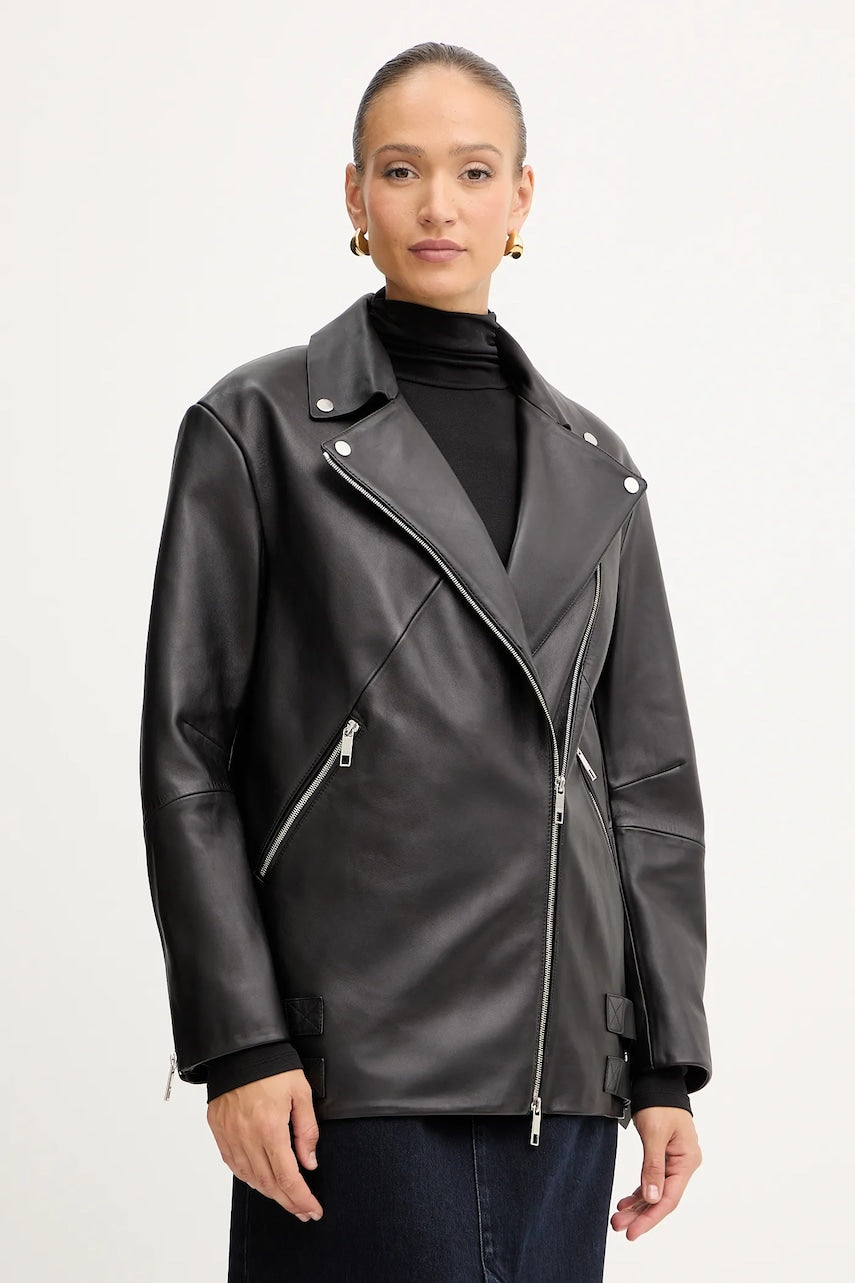 Usnjena biker jakna BOSS črna barva, 50547474