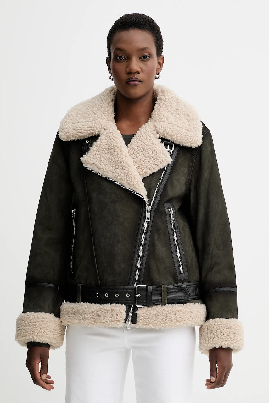 Biker jakna iz semiša Marc O'Polo zelena barva, 5000006603