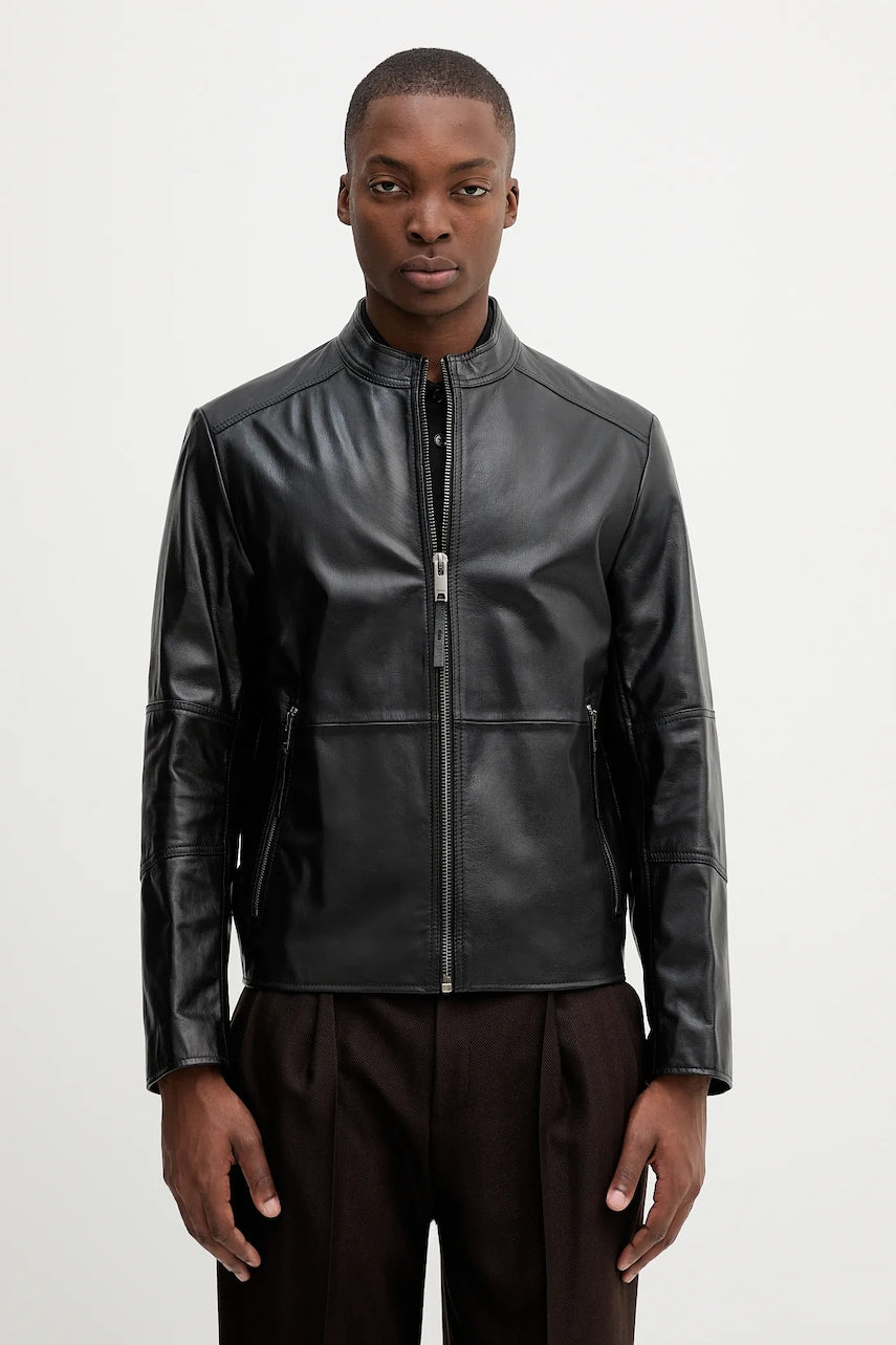 Usnjena biker jakna HUGO črna barva, 50540984