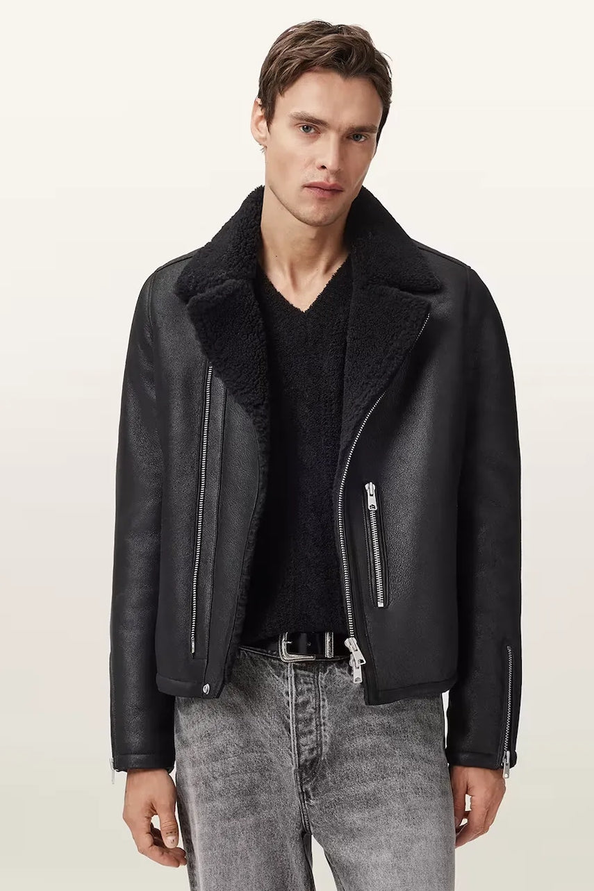 Kožna biker jakna AllSaints CORREZ boja: crna, za prijelazno razdoblje, M022LD