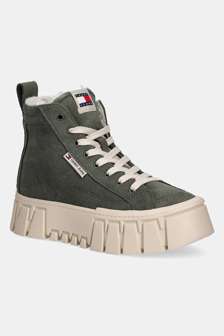 Cipele od brušene kože Tommy Jeans TJW VULC FLATFORM SUEDE WL boja: zelena, s platformom, sa srednje toplom podstavom, EN0EN02894
