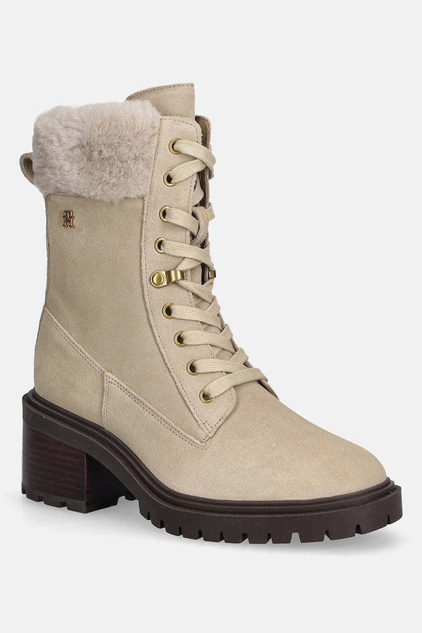 Gležnječe od brušene kože Tommy Hilfiger TH SHEARLING LACE UP BOOT boja: bež, s debelom potpeticom, sa srednje toplom podstavom, FW0FW08999