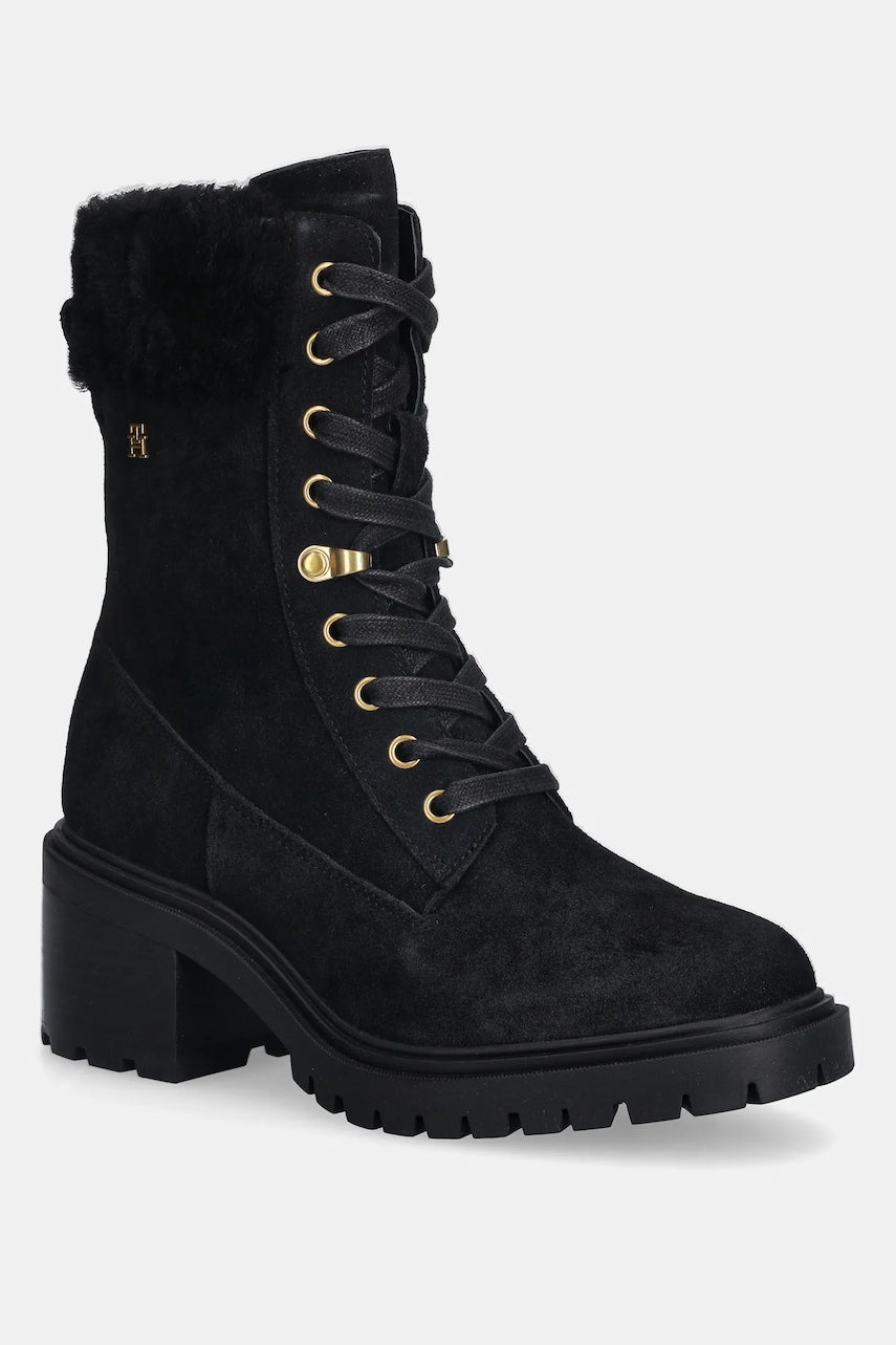 Gležnječe od brušene kože Tommy Hilfiger TH SHEARLING LACE UP BOOT boja: crna, s debelom potpeticom, sa srednje toplom podstavom, FW0FW08999