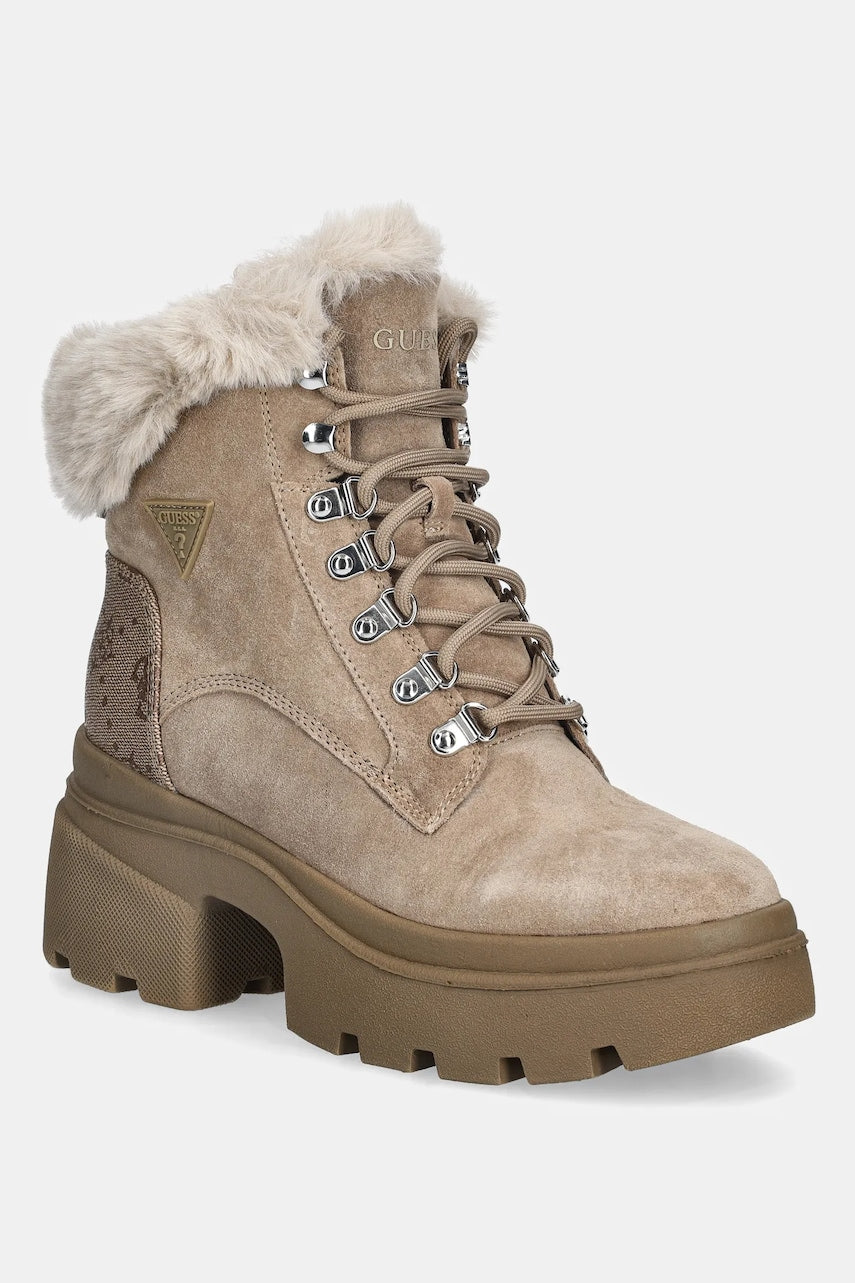 Čizme od brušene kože Guess YARELI boja: bež, s debelom potpeticom, sa srednje toplom podstavom, FLFYRL SUE10