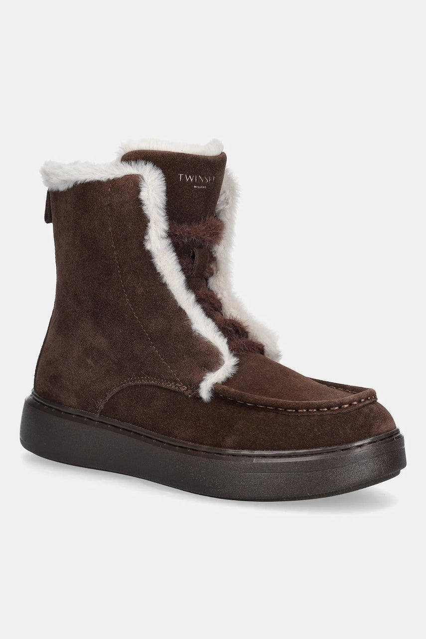 Gležnječe od brušene kože Twinset boja: smeđa, ravni potplat, sa srednje toplom podstavom, 252TGT01C