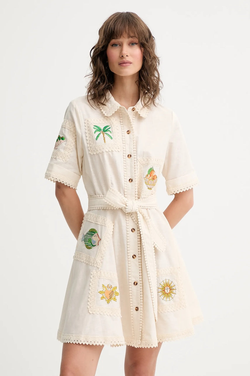 Haljina s dodatkom lana Never Fully Dressed Lauren boja: bež, mini, širi se prema dolje, NFDDR2810