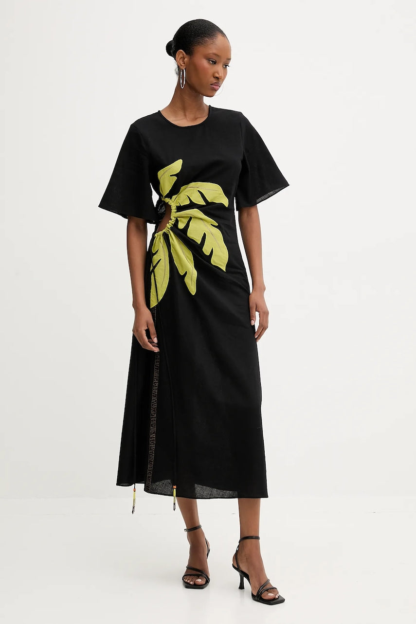 Lanena haljina Never Fully Dressed boja: crna, maxi, uski kroj, NFDDR2038