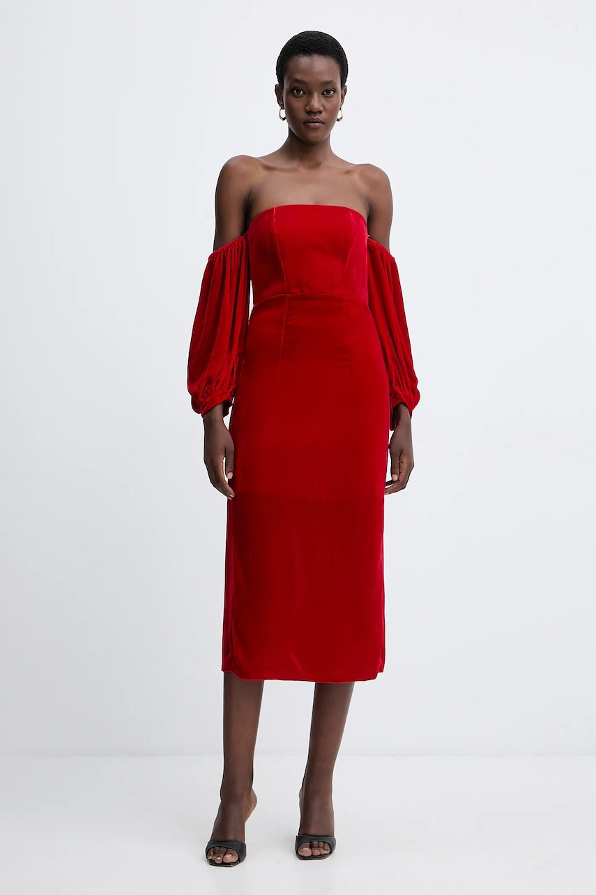 Haljina s dodatkom svile Forte Forte boja: crvena, midi, uski kroj, 14350.mydress