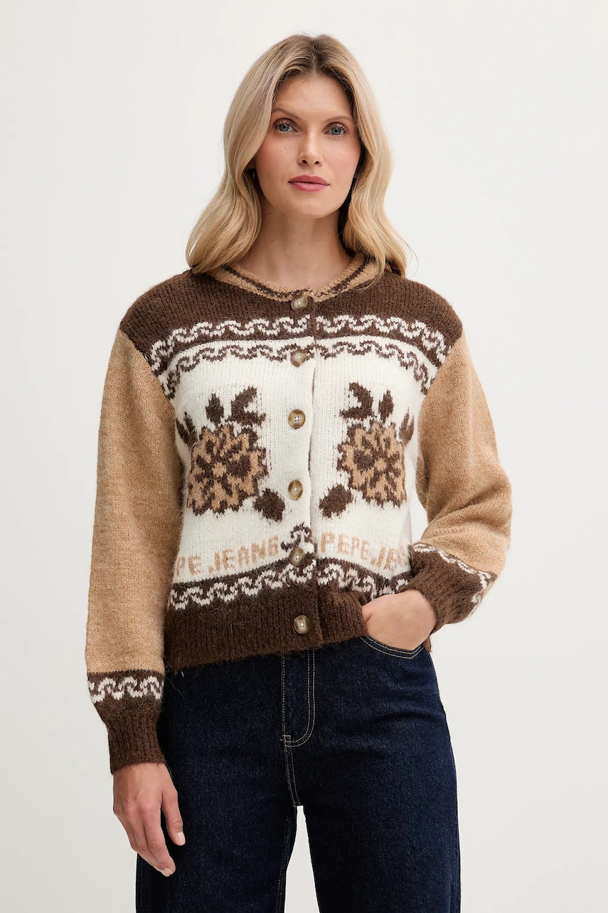 Kardigan s dodatkom vune Pepe Jeans boja: smeđa, tople, PL7000040