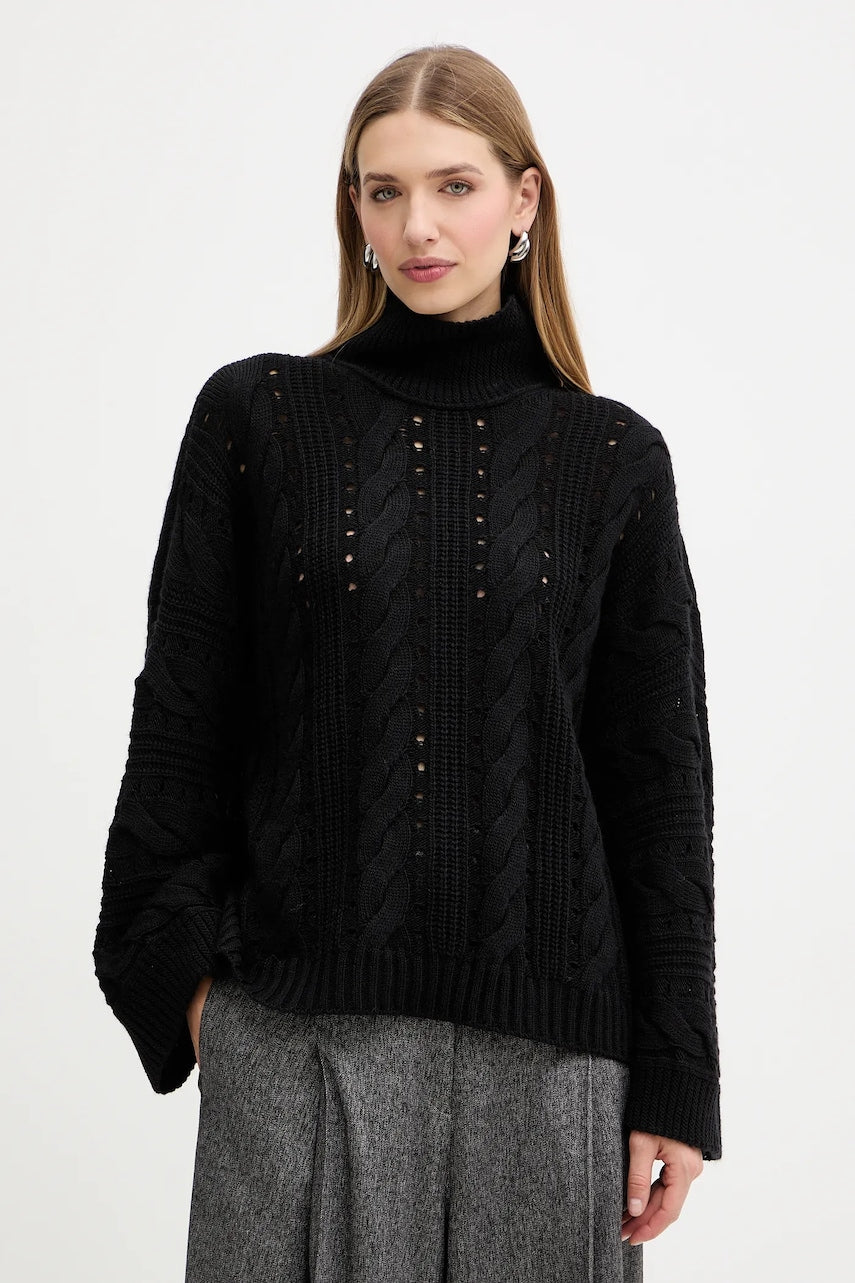 Vuneni pulover Twinset boja: crna, tople, s dolčevitom, 252TT3101