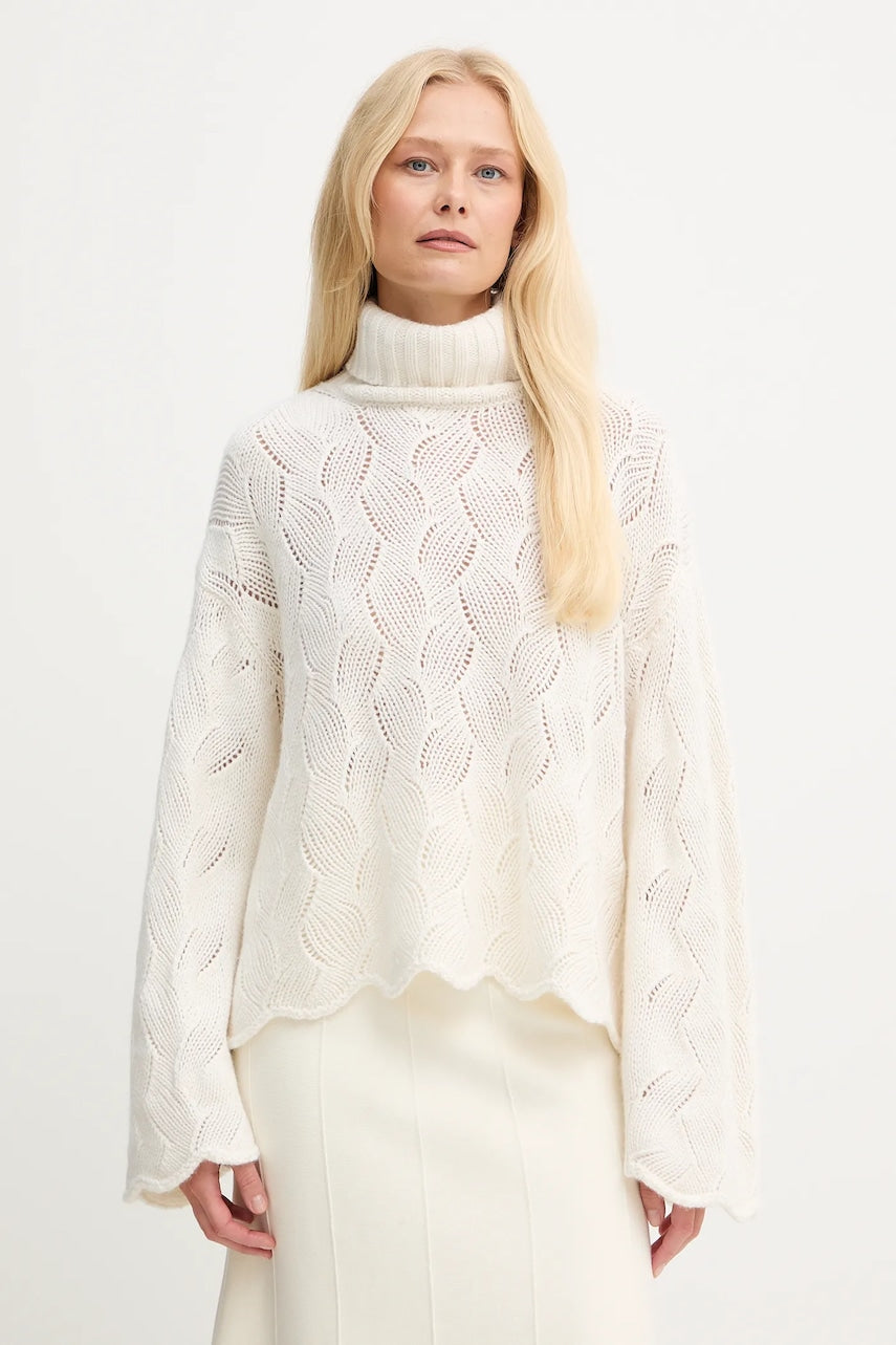 Pulover s dodatkom vune Twinset boja: bež, tople, s dolčevitom, 252TT3424