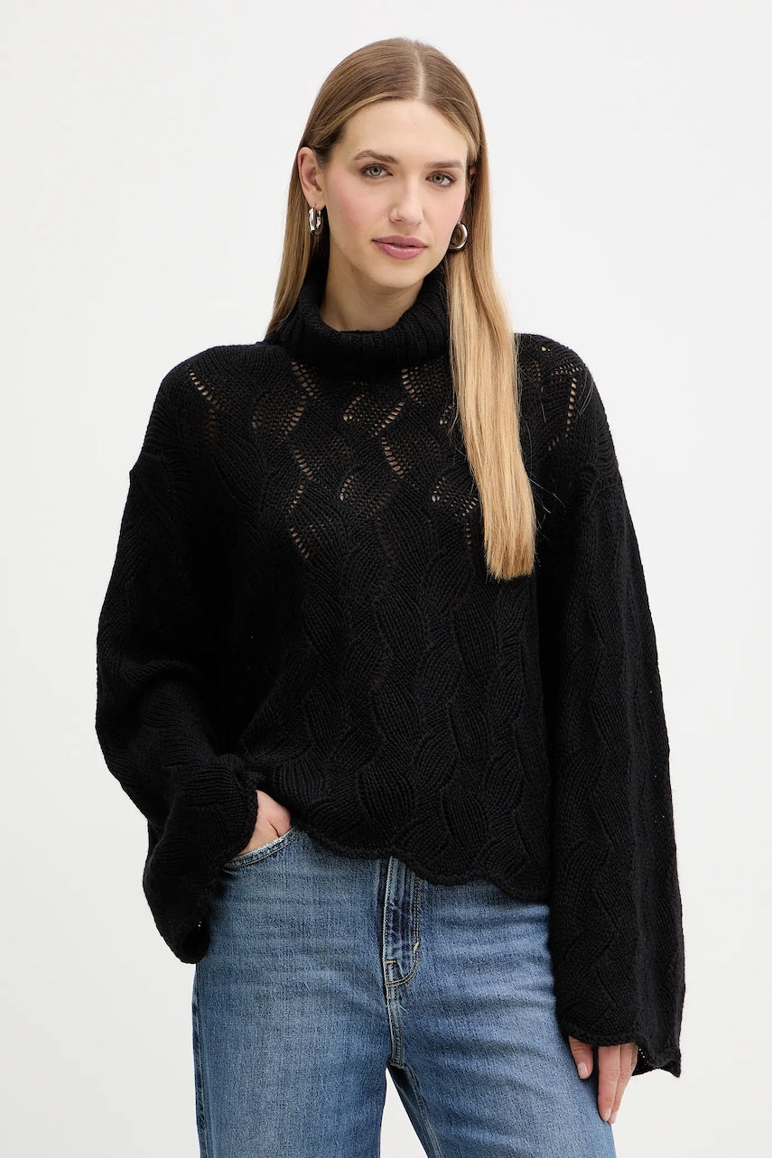 Pulover s dodatkom vune Twinset boja: crna, tople, s dolčevitom, 252TT3424