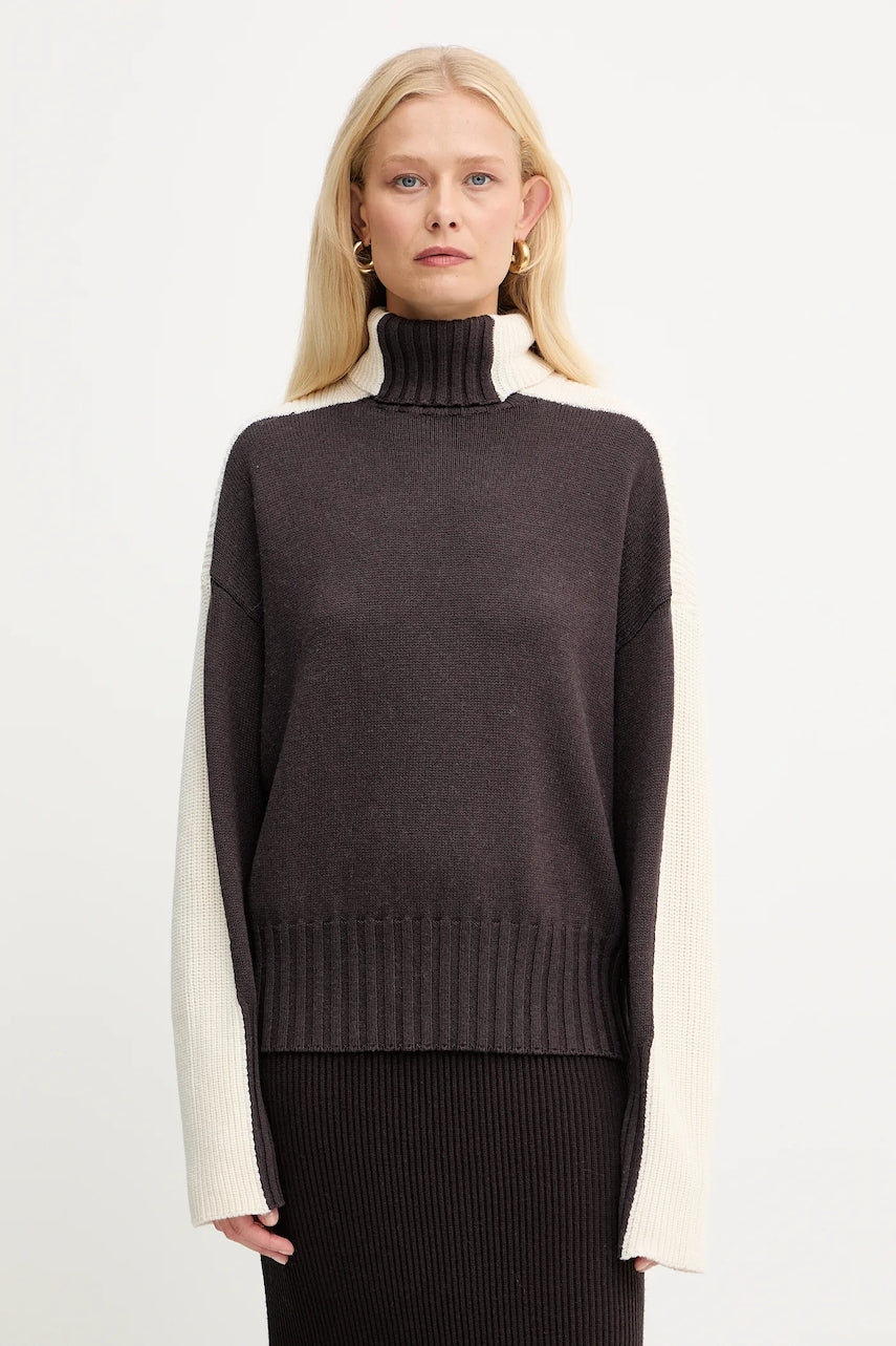Pulover s dodatkom vune Twinset boja: smeđa, tople, s dolčevitom, 252TF3023