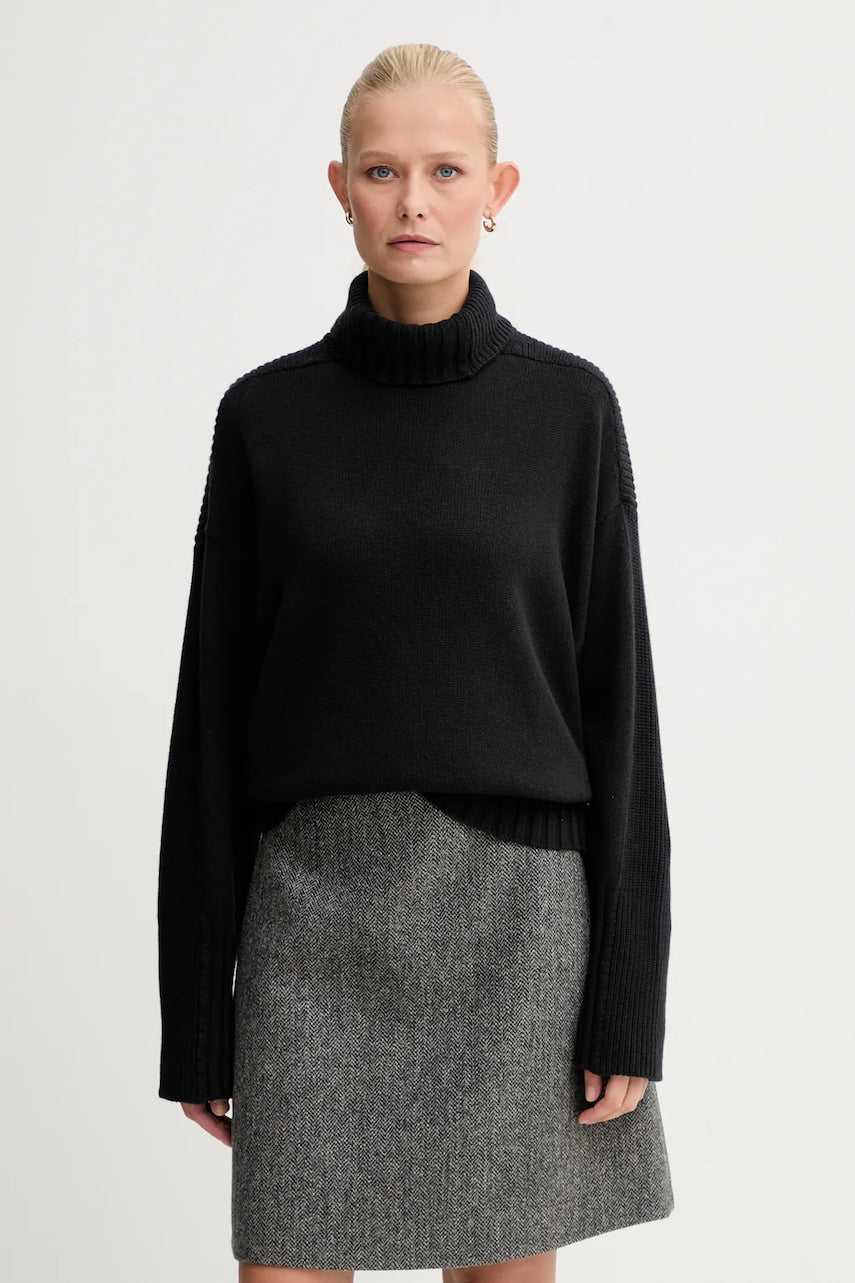 Pulover s dodatkom vune Twinset boja: crna, tople, s dolčevitom, 252TF3023