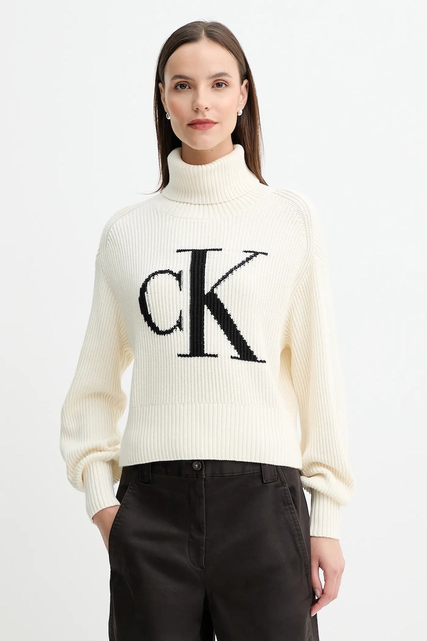 Pamučni pulover Calvin Klein Jeans boja: bež, tople, s dolčevitom, LV047D349G