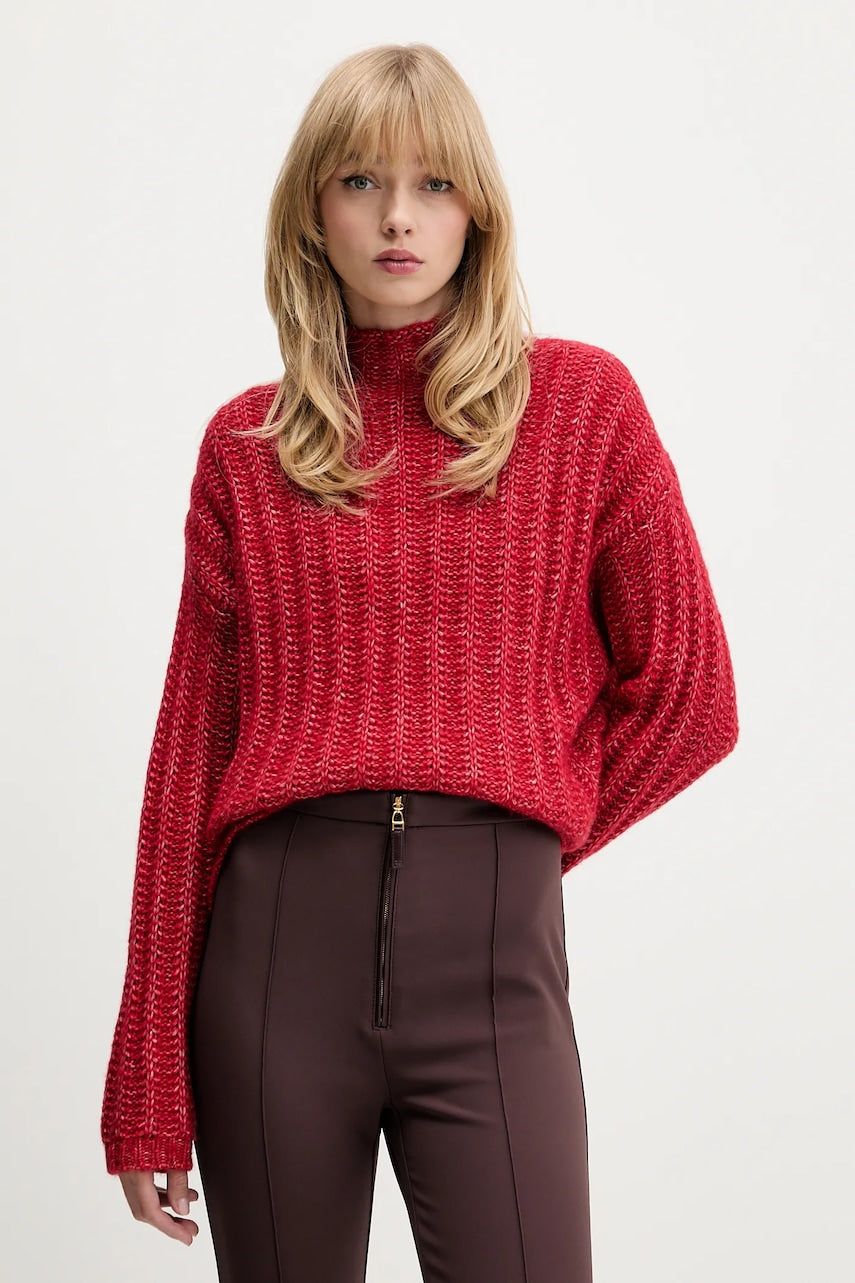 Pulover s dodatkom vune HUGO boja: crvena, tople, s poludolčevitom, 50550210