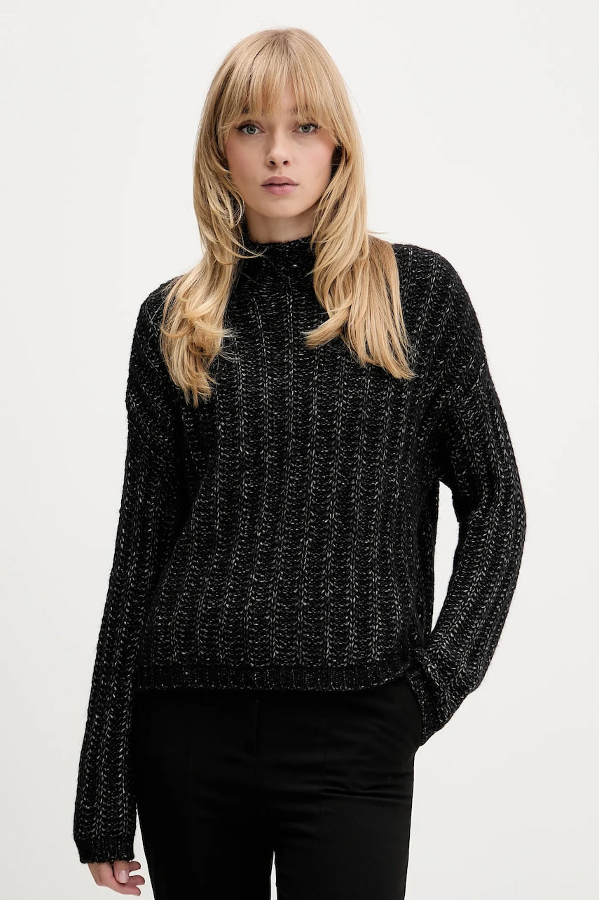 Pulover s dodatkom vune HUGO boja: crna, tople, s poludolčevitom, 50550210