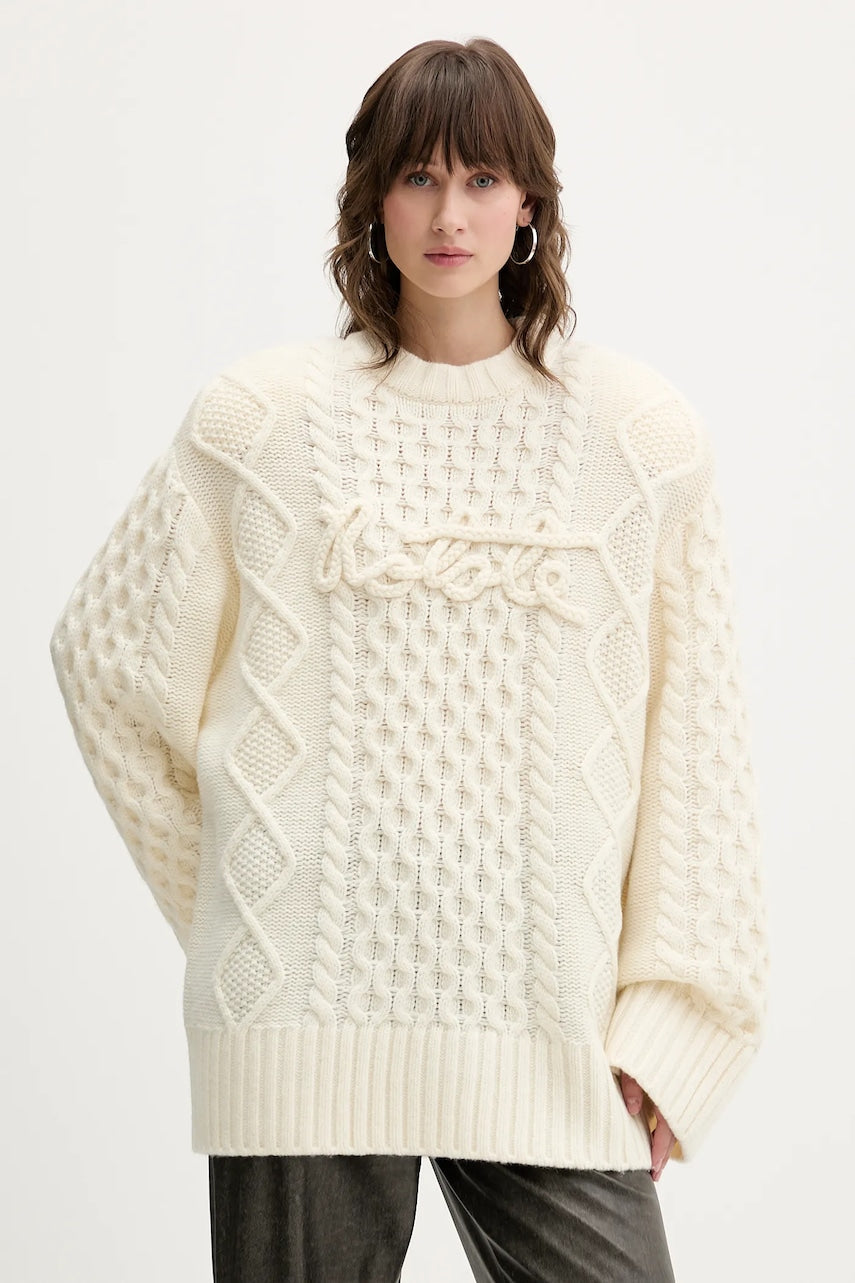 Pulover s dodatkom vune Rotate boja: bež, tople, 114301857