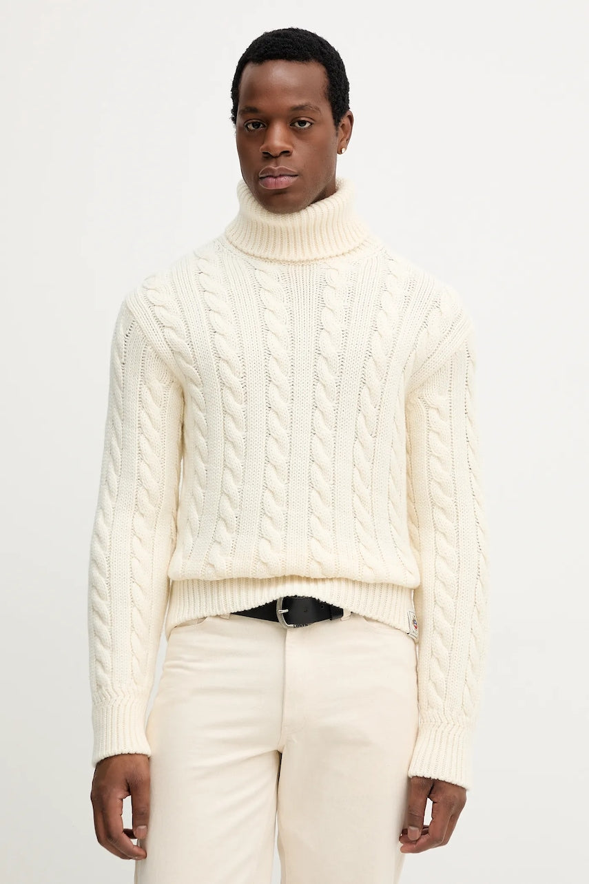 Vuneni pulover Bally za muškarce, boja: bež, tople, s dolčevitom, MKN087