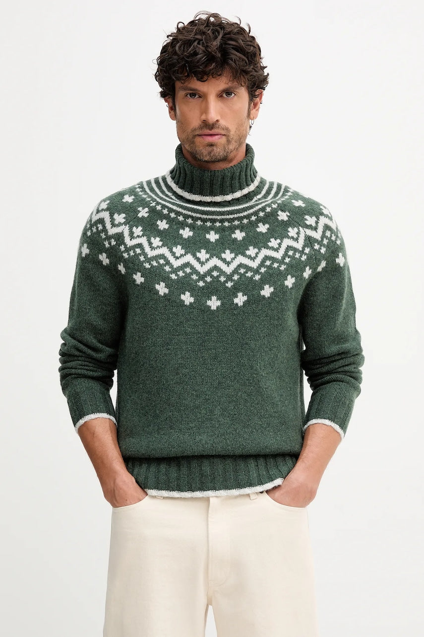 Vuneni pulover Barbour HEWTON za muškarce, boja: zelena, tople, s dolčevitom, MKN1672