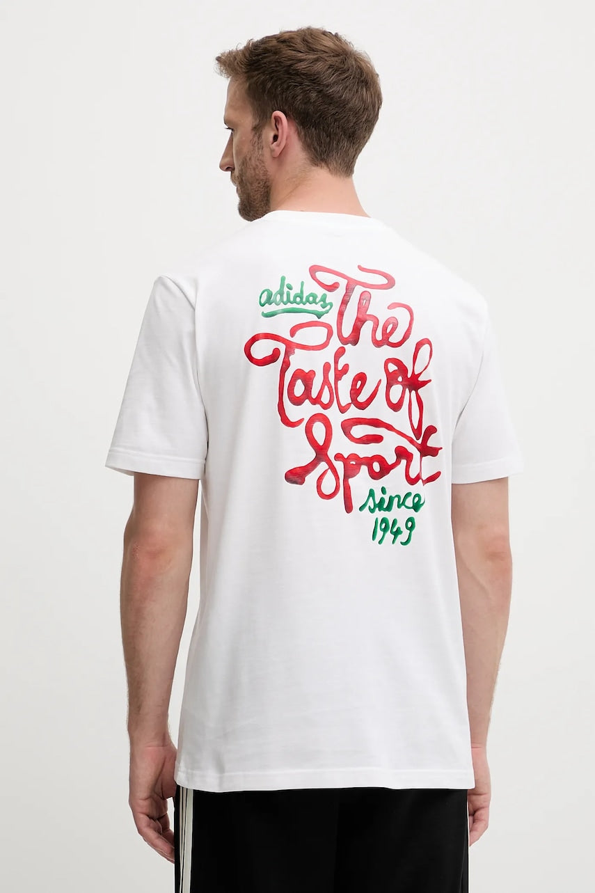 Bombažna kratka majica adidas Food Sauce Graphic Tee moška, bela barva, JM6464