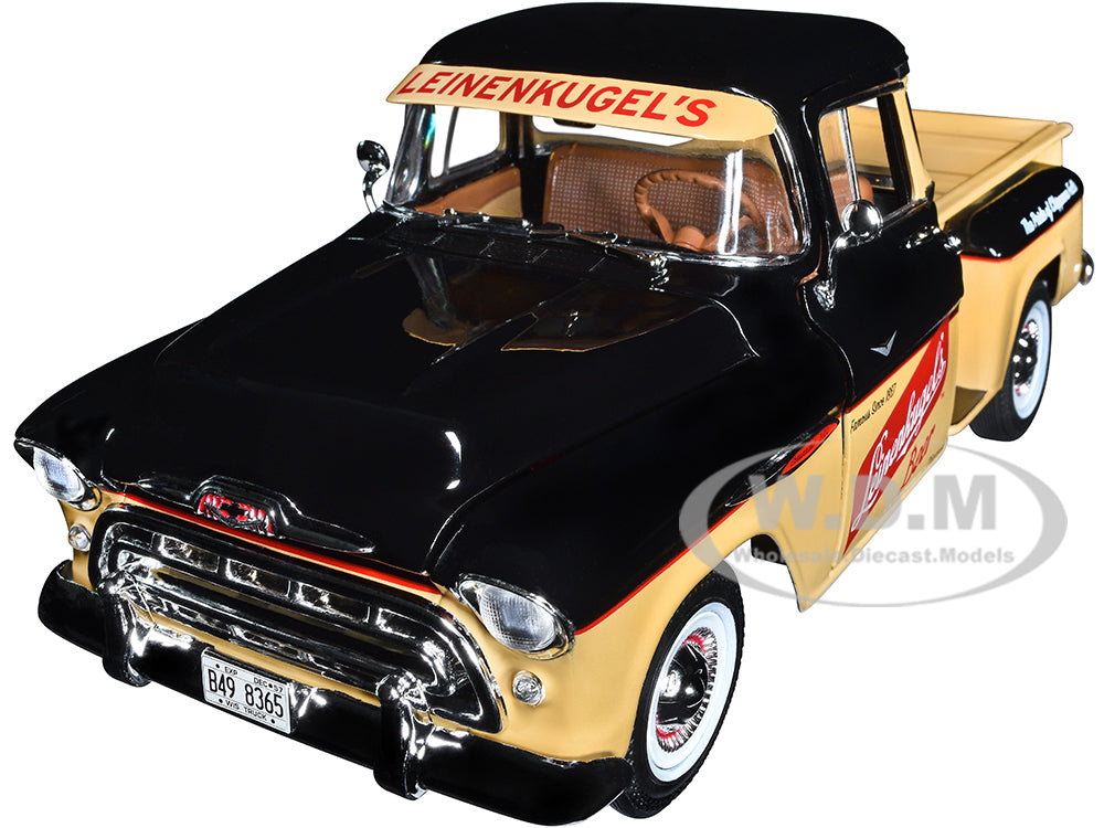 1957 Chevrolet 3100 Stepside Pickup Truck Black and Tan with Graphics "Leinenkugles Beer The Pride of Chippewa Falls" 1-18 Diecast Model by Auto Worl