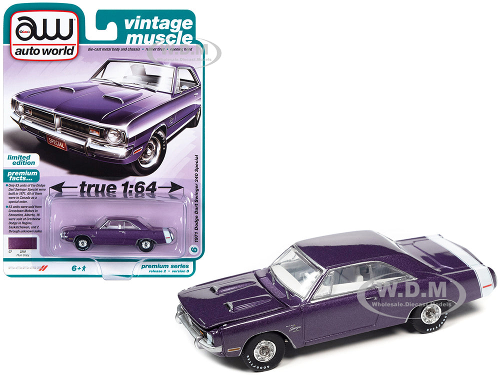 1971 Dodge Dart Swinger 340 Special Plum Crazy Purple Metallic with White Tail Stripe "Vintage Muscle" Limited Edition 1-64 Diecast Model Car by Auto