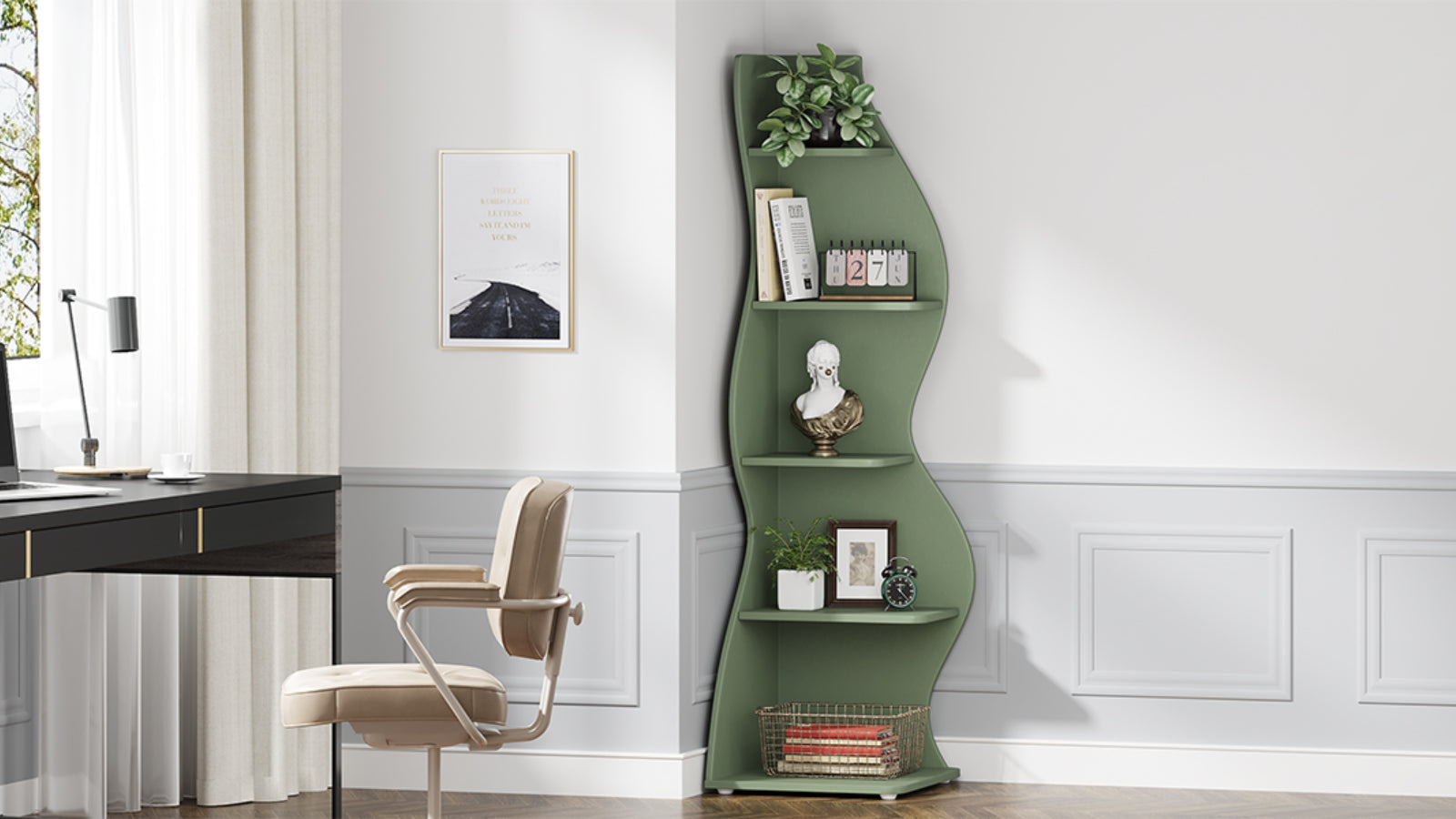 YUZHOU INTERNATIONAL INC Tribesigns 5-Tier Corner Shelf, Modern Wall Corner Bookshelf Bookcase green