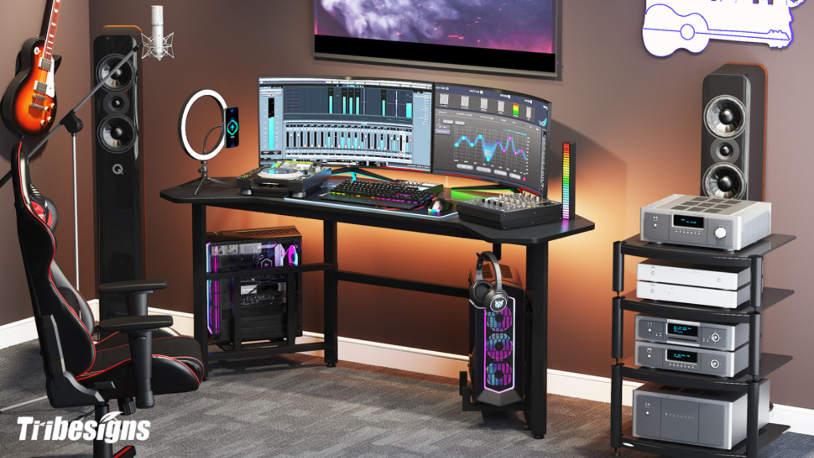 YUZHOU INTERNATIONAL INC Tribesigns Black Gaming Desk, 66.5" Ergonomic Wing-Shaped Computer Studio Desk