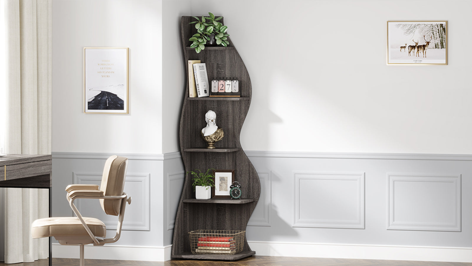 YUZHOU INTERNATIONAL INC Tribesigns 5-Tier Corner Shelf, Modern Wall Corner Bookshelf Bookcase gray