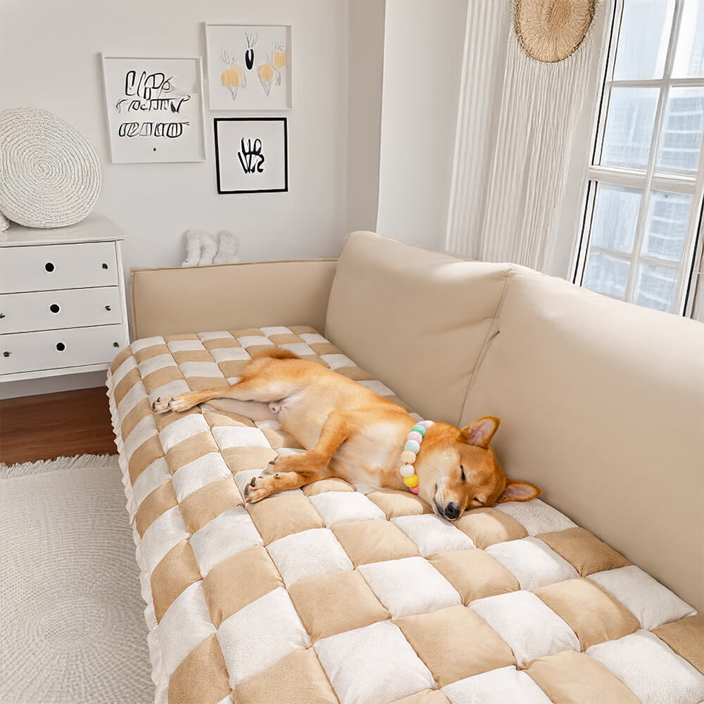 Cozy Plaid Patchwork Pet Mat Furniture Protector Couch Cover, Khaki-All Seasons - 27.6x82.7 in