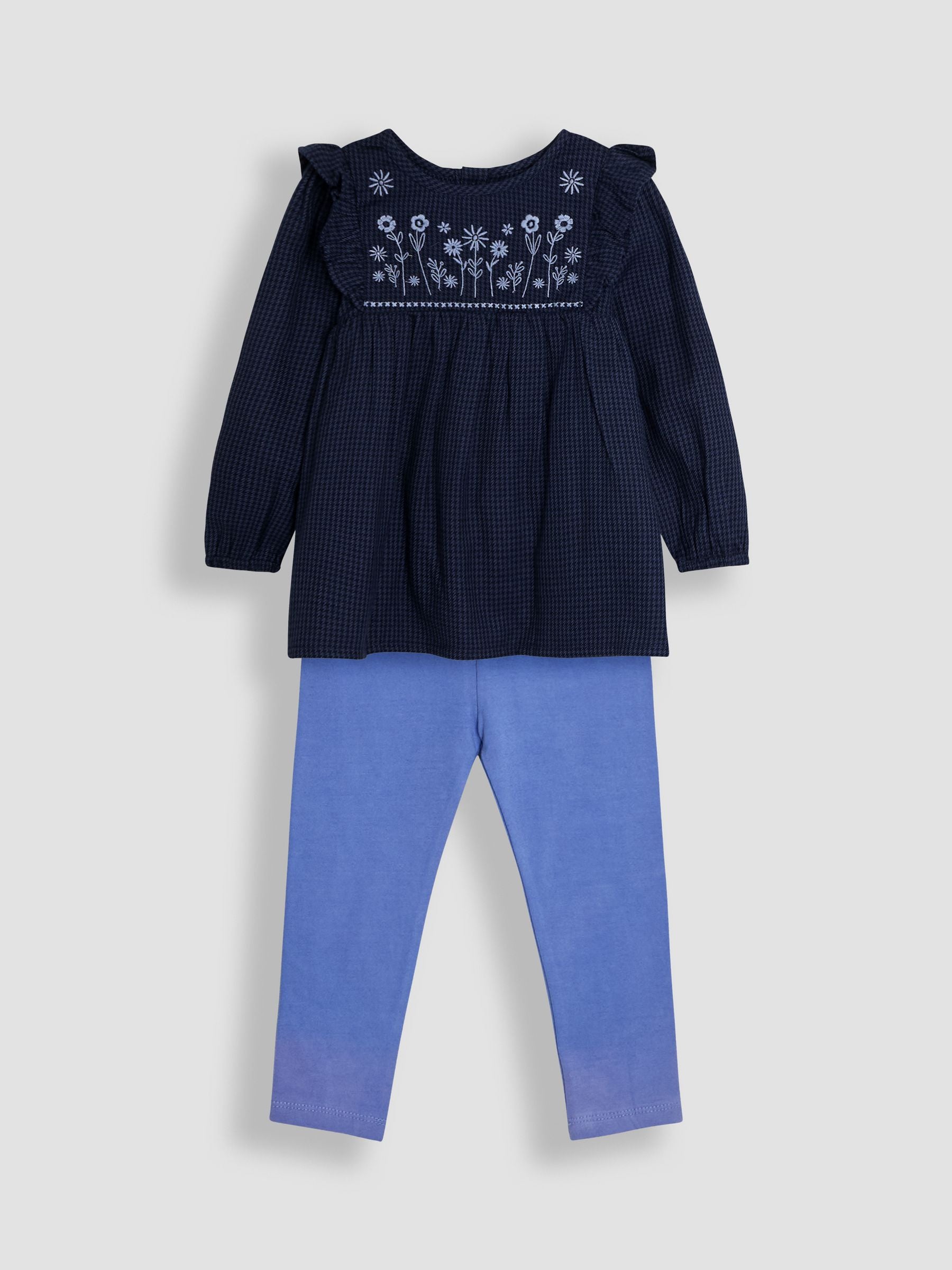 Navy Blue Houndstooth Floral Embroidered Frill Blouse and Leggings Set 2 Piece 6-12 Mths