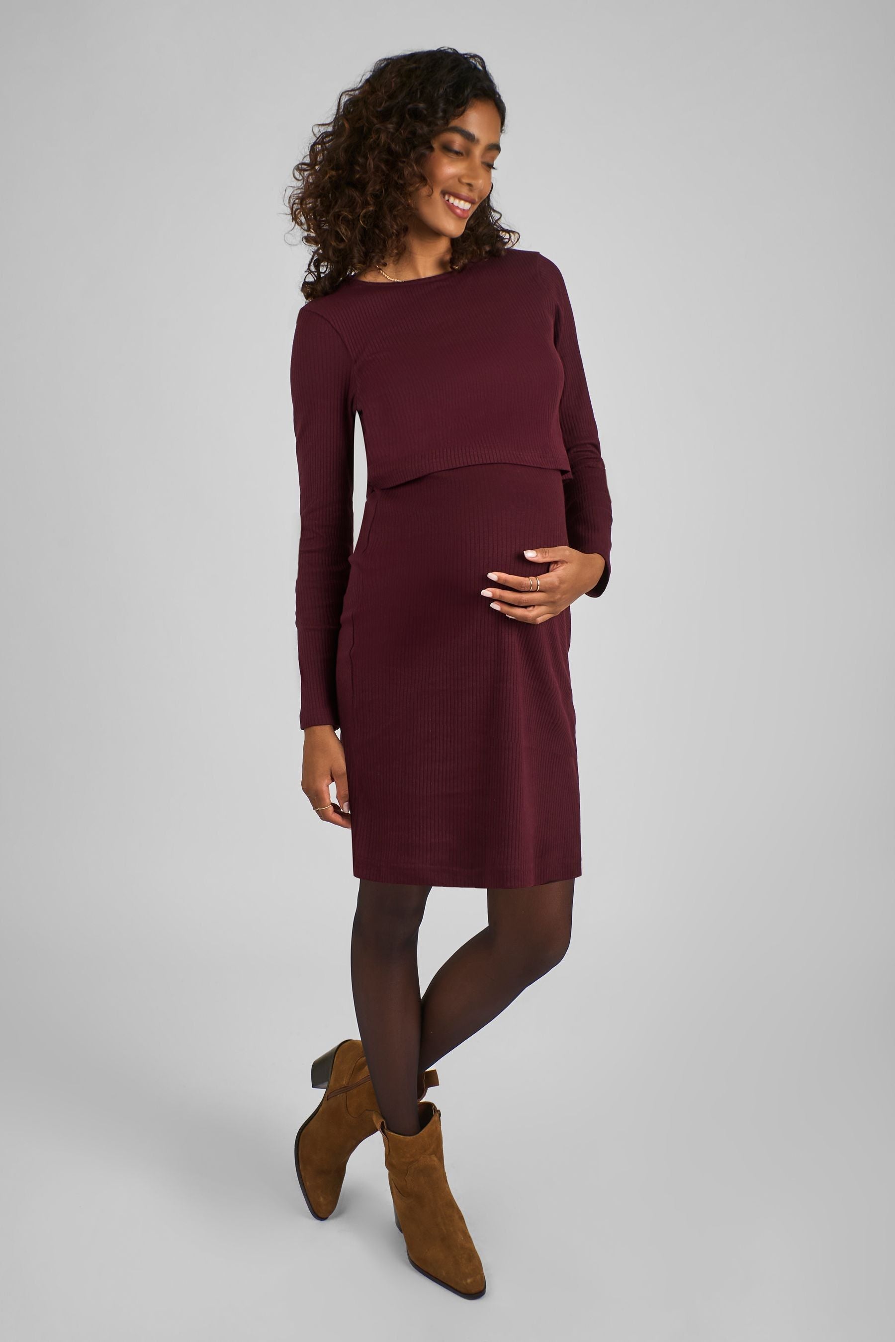 Wine Red Ribbed Mini Maternity & Nursing Dress S