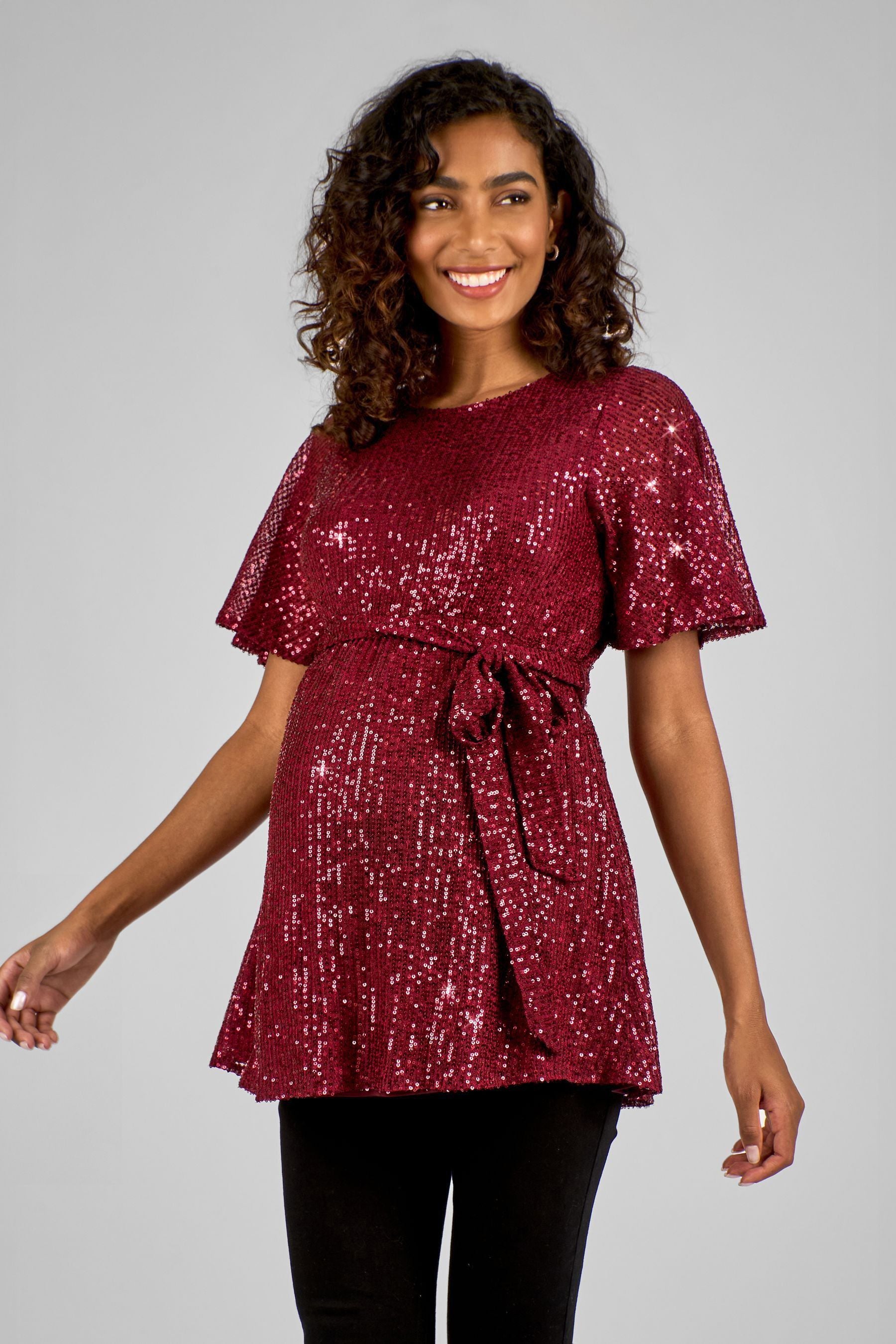 Wine Red Sequin Maternity Flutter Sleeve Top S