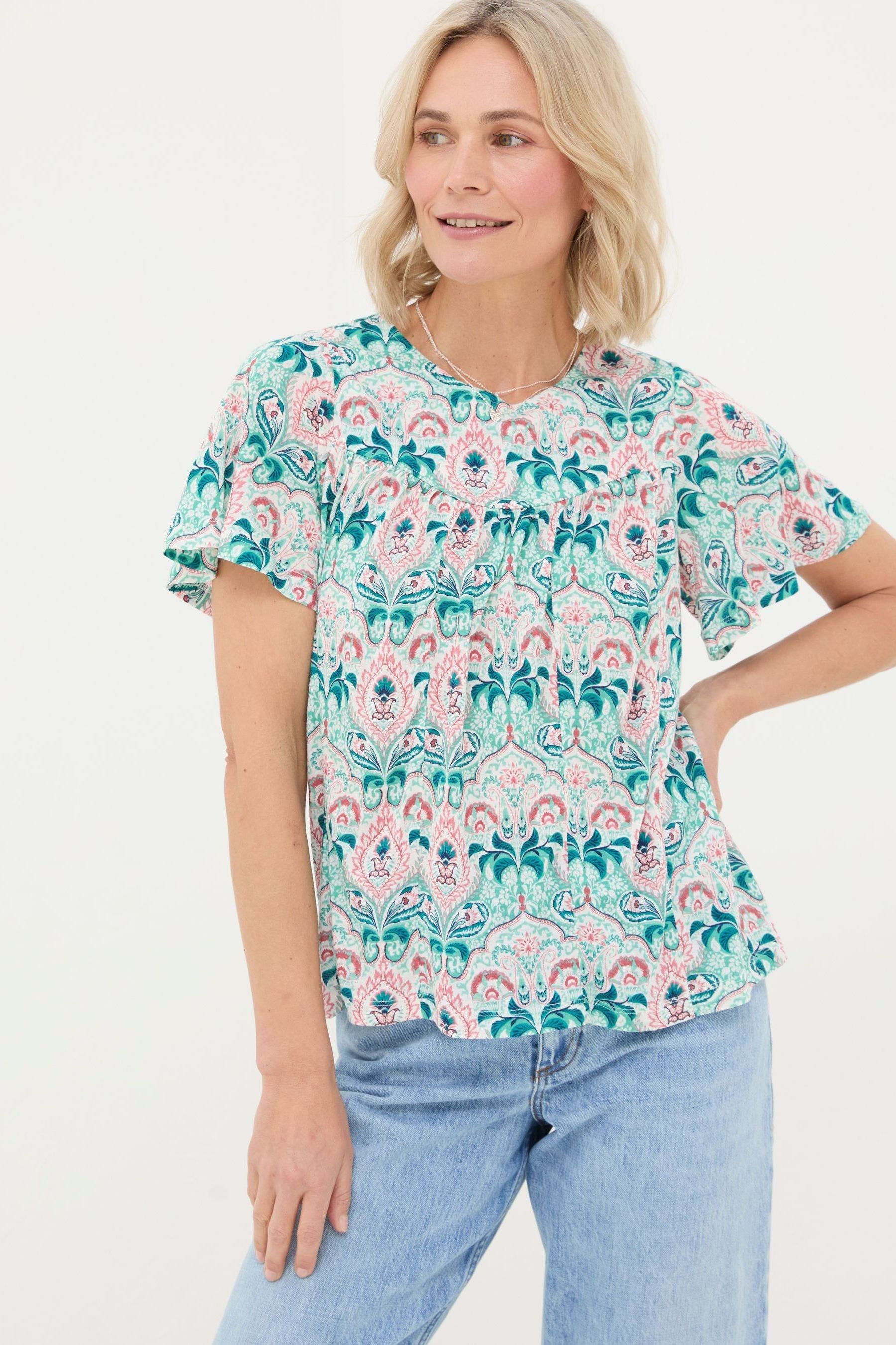 Fat Face - Jade Green Mirrored Paisley Top