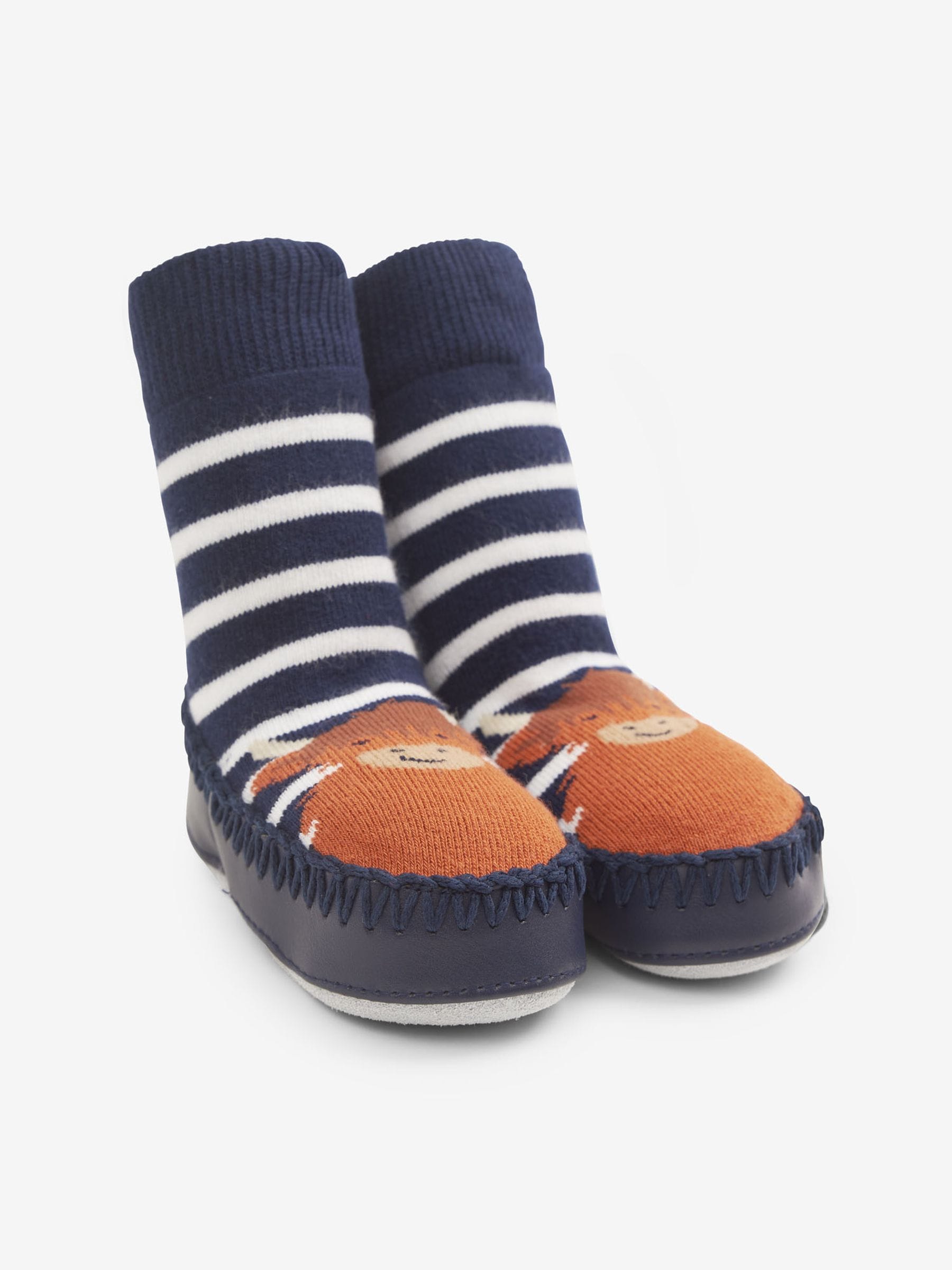 Navy Blue Ecru Cream Stripe Moccasin Slipper Socks 2-4 Yrs