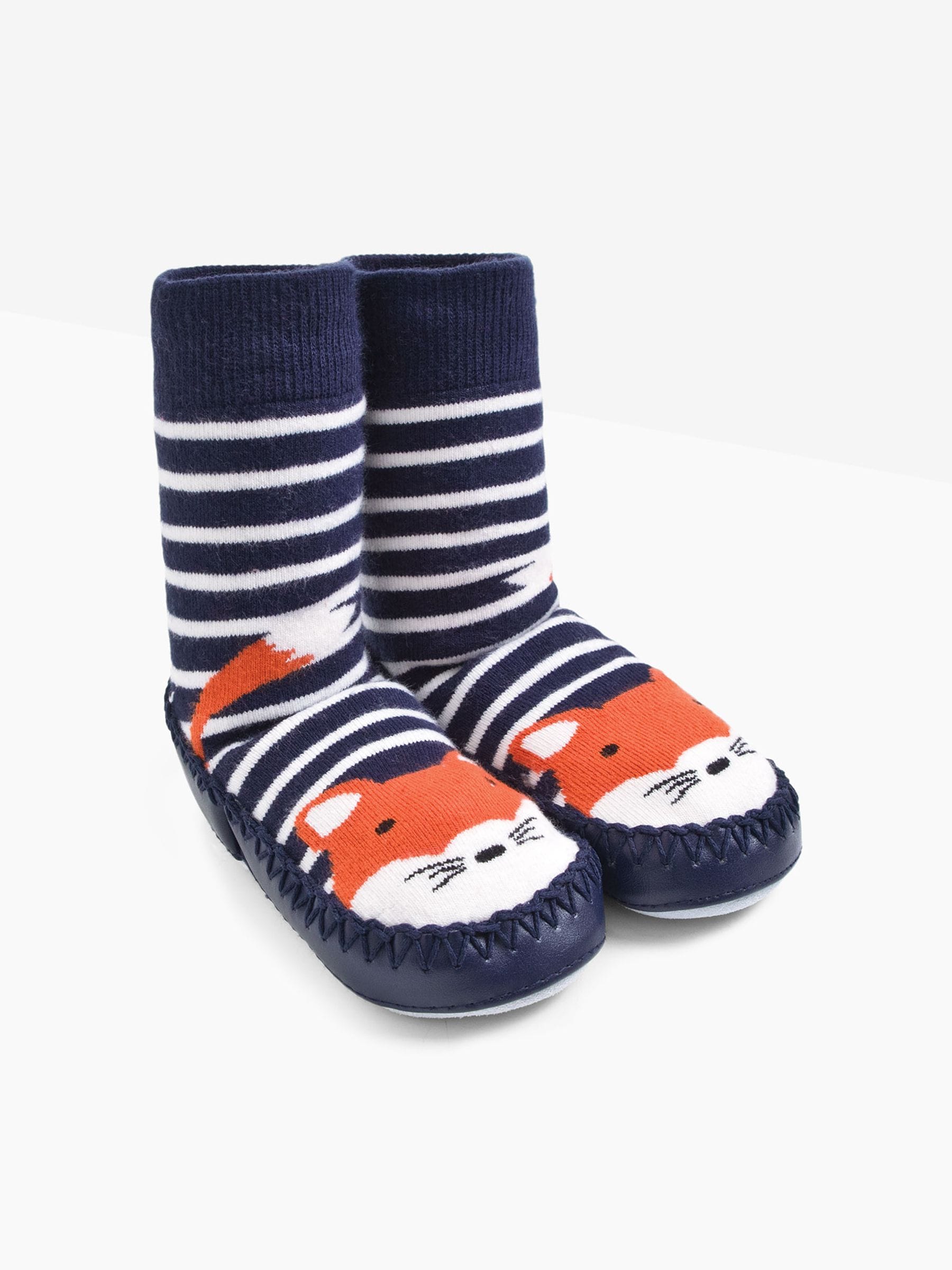 Navy Blue Ecru Cream Stripe Moccasin Slipper Socks 6-12 Mths