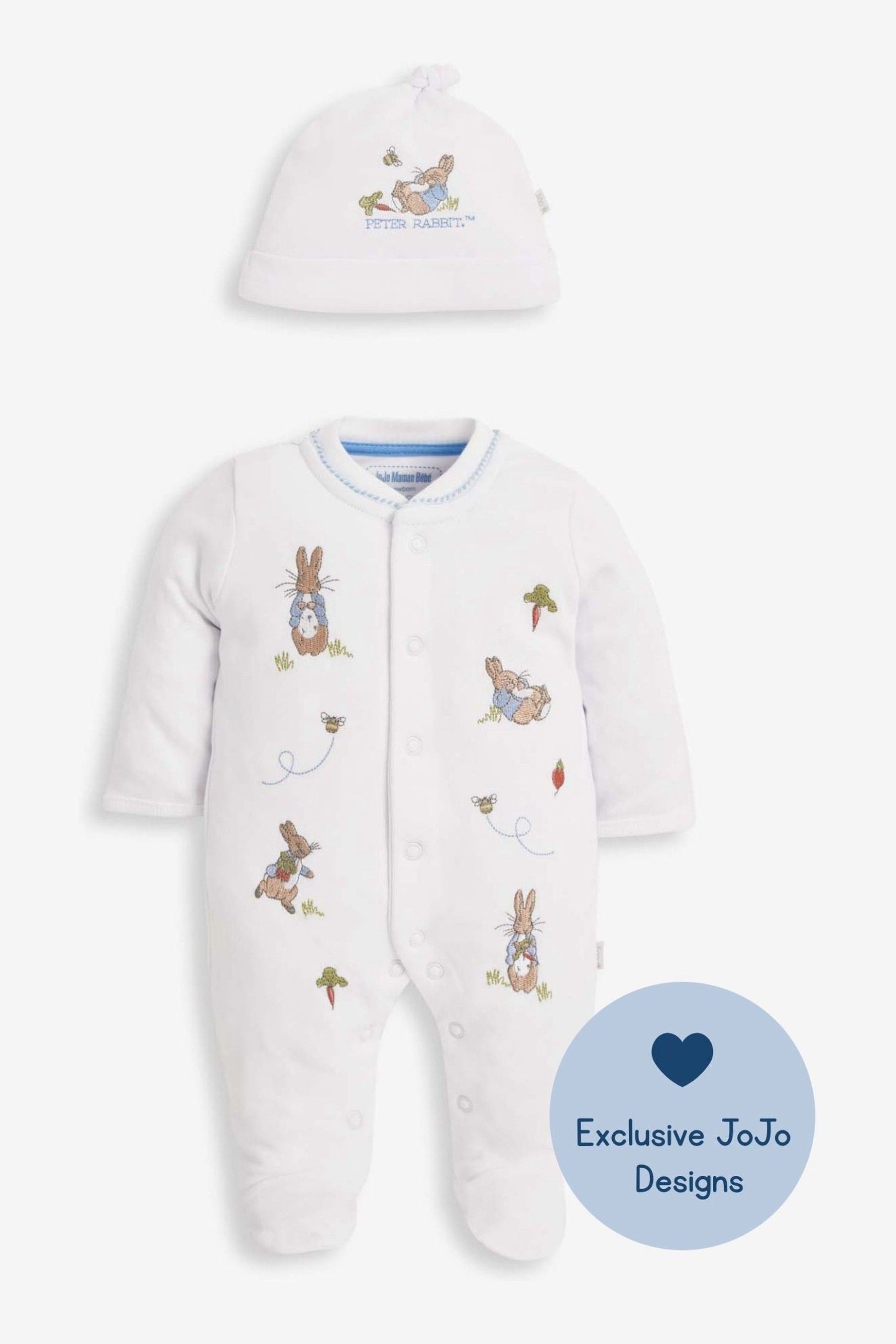 White Peter Rabbit Cotton Embroidered Baby Sleepsuit & Hat Set 6-9 Mths Matron Inn