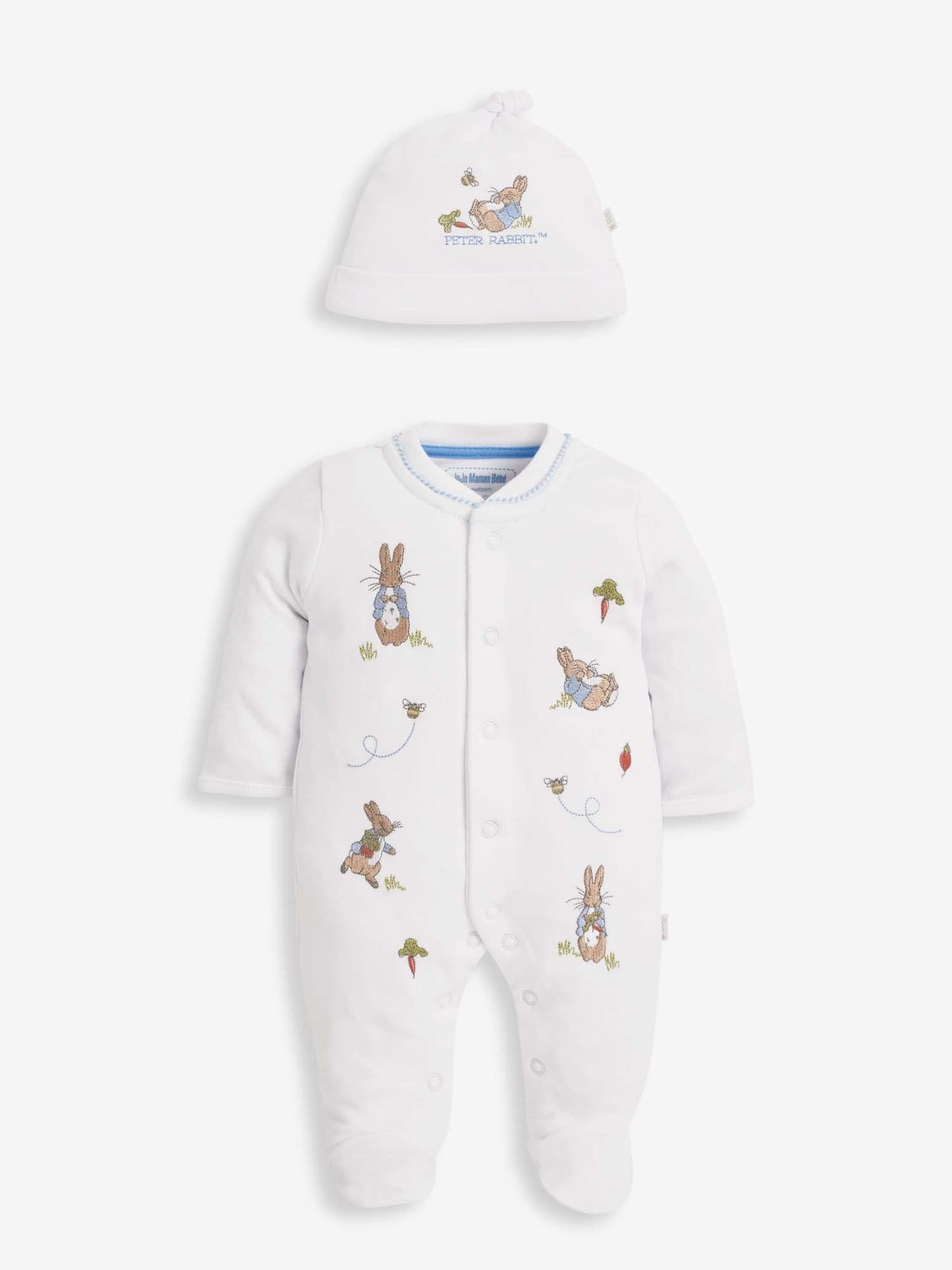 White Peter Rabbit Cotton Embroidered Baby Sleepsuit & Hat Set 3-6 Mths