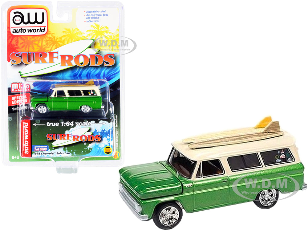 1965 Chevrolet Suburban Green Metallic and Cream with Two Surfboards "Surf Rods" Limited Edition to 3600 pieces Worldwide 1-64 Diecast Model Car by A